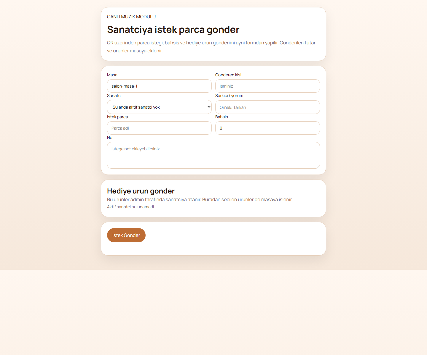 Restorant sanatci modulu ekran goruntusu